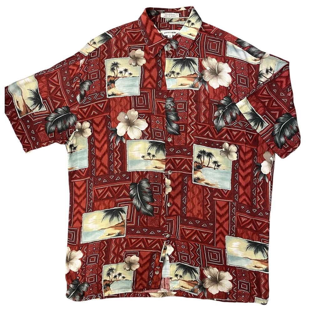 Pierre Cardin Hawaiian Shirt Mens M Red‎ Tropical Scenic Rayon Short Sleeve
